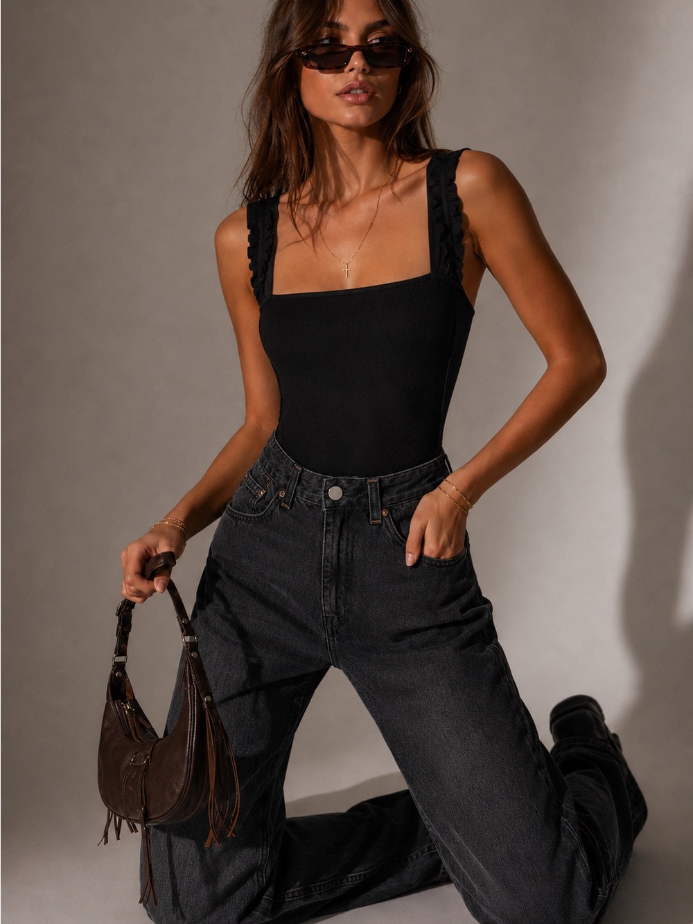 Petal + Pup Heidi Ruffle Strap Square Neck Sleeveless Bodysuit XL Black